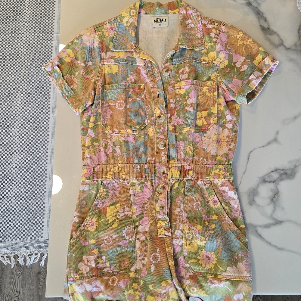 show me your mumu floral denim romper